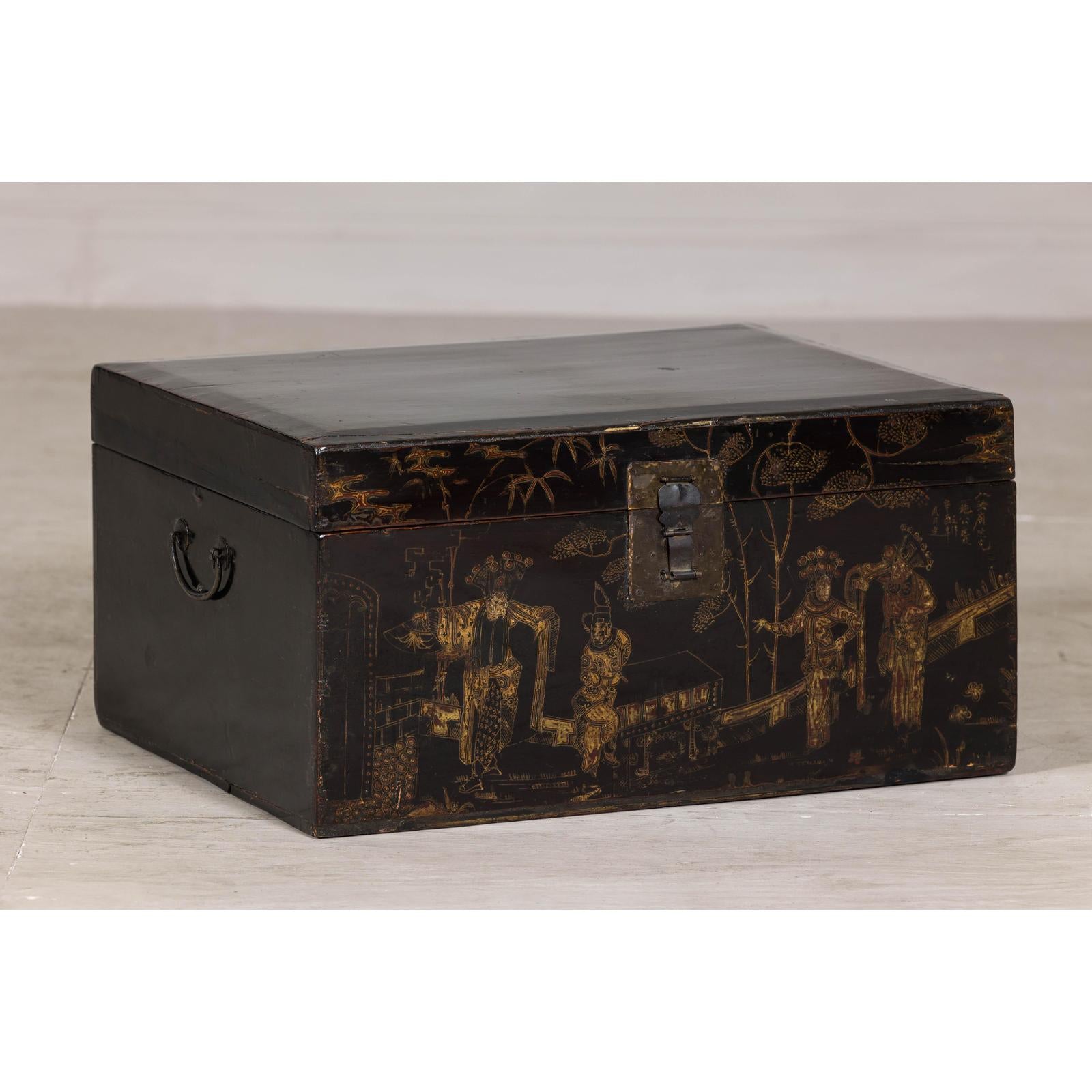 Hand-Painted Black and Gold Lacquer Trunk with Court Scene, Late Qing Dynasty