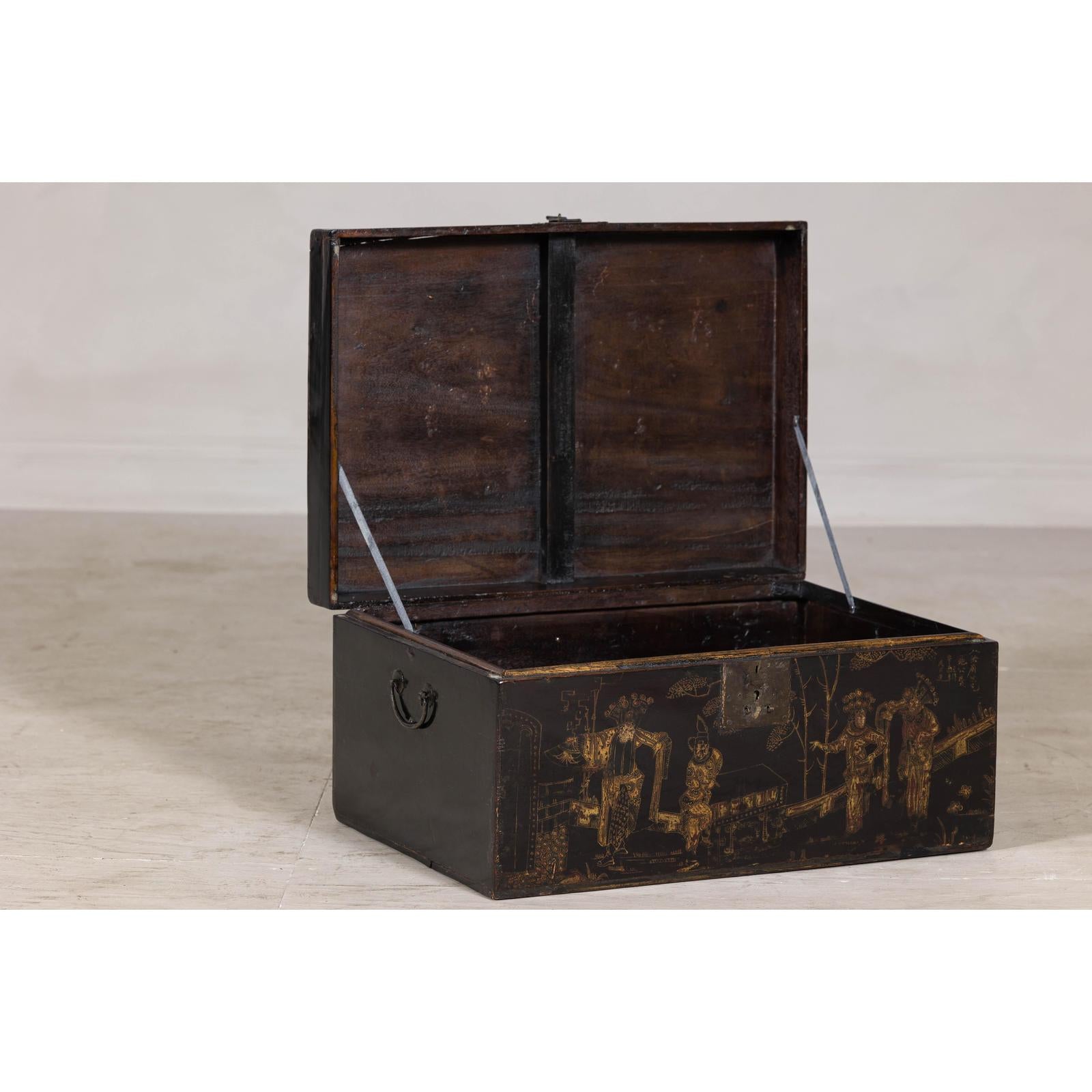 Hand-Painted Black and Gold Lacquer Trunk with Court Scene, Late Qing Dynasty