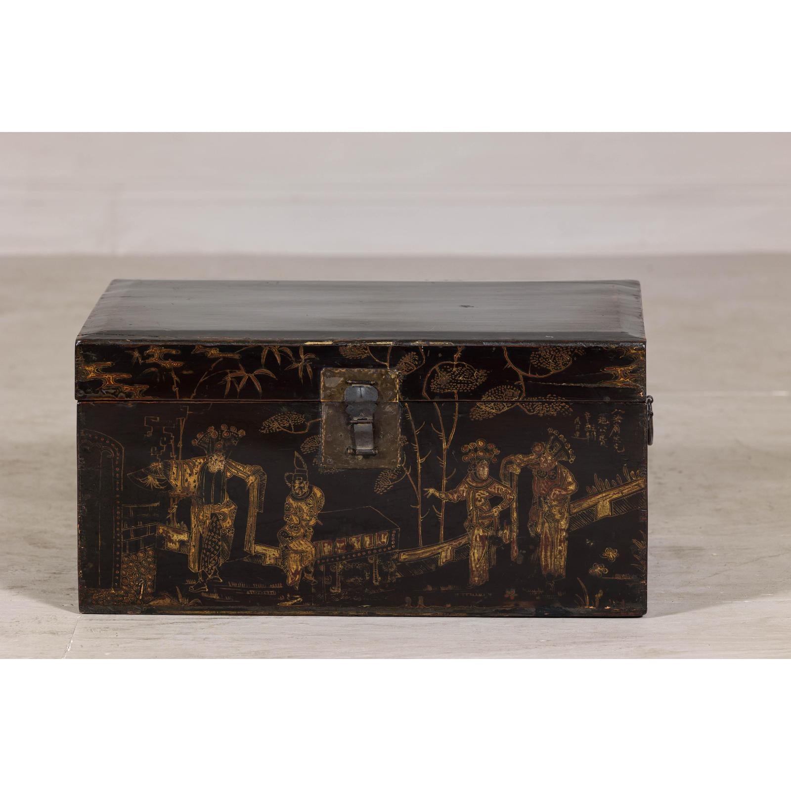 Hand-Painted Black and Gold Lacquer Trunk with Court Scene, Late Qing Dynasty