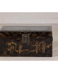 Hand-Painted Black and Gold Lacquer Trunk with Court Scene, Late Qing Dynasty