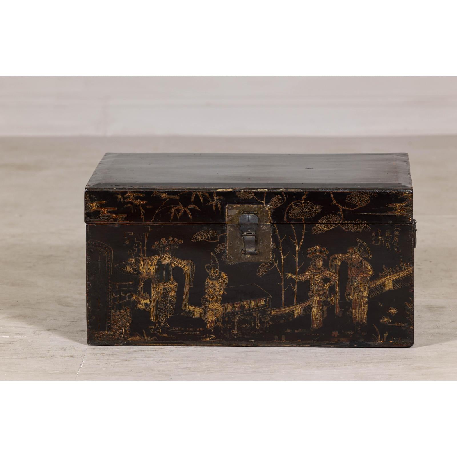 Hand-Painted Black and Gold Lacquer Trunk with Court Scene, Late Qing Dynasty