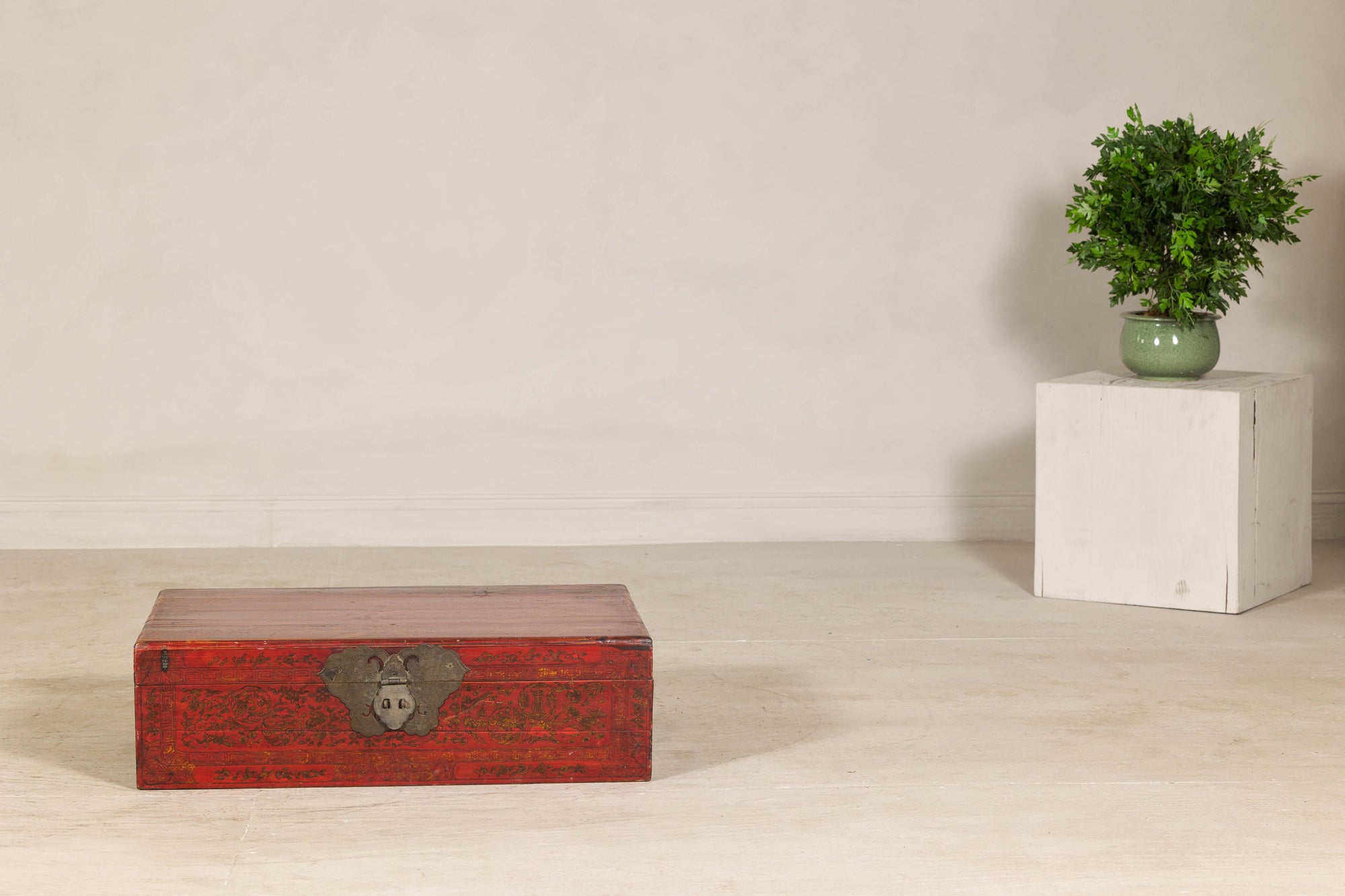 Late Qing Dynasty Red Lacquer Document Box with Gilt Floral Scrolling Motifs