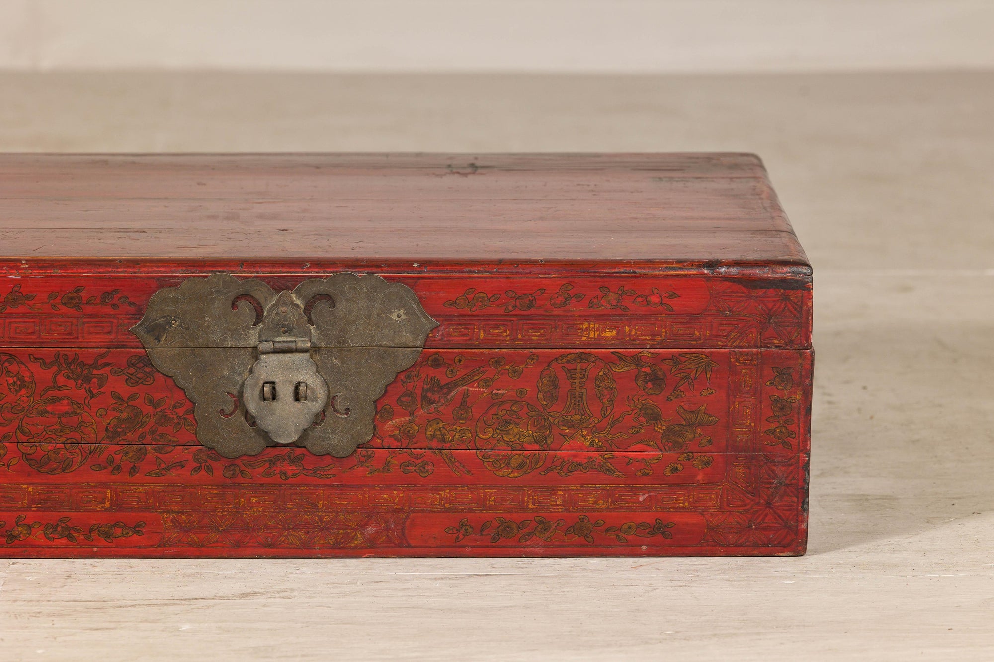 Late Qing Dynasty Red Lacquer Document Box with Gilt Floral Scrolling Motifs