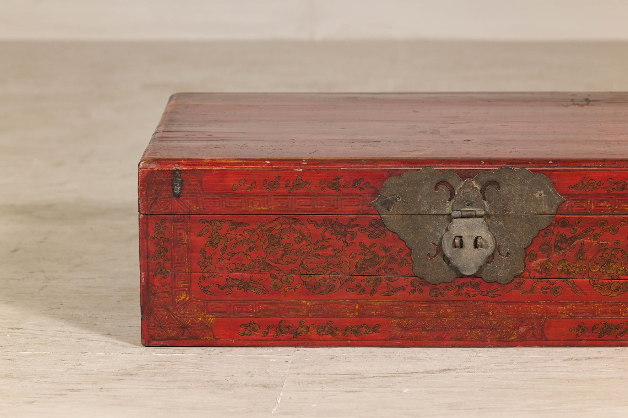 Late Qing Dynasty Red Lacquer Document Box with Gilt Floral Scrolling Motifs