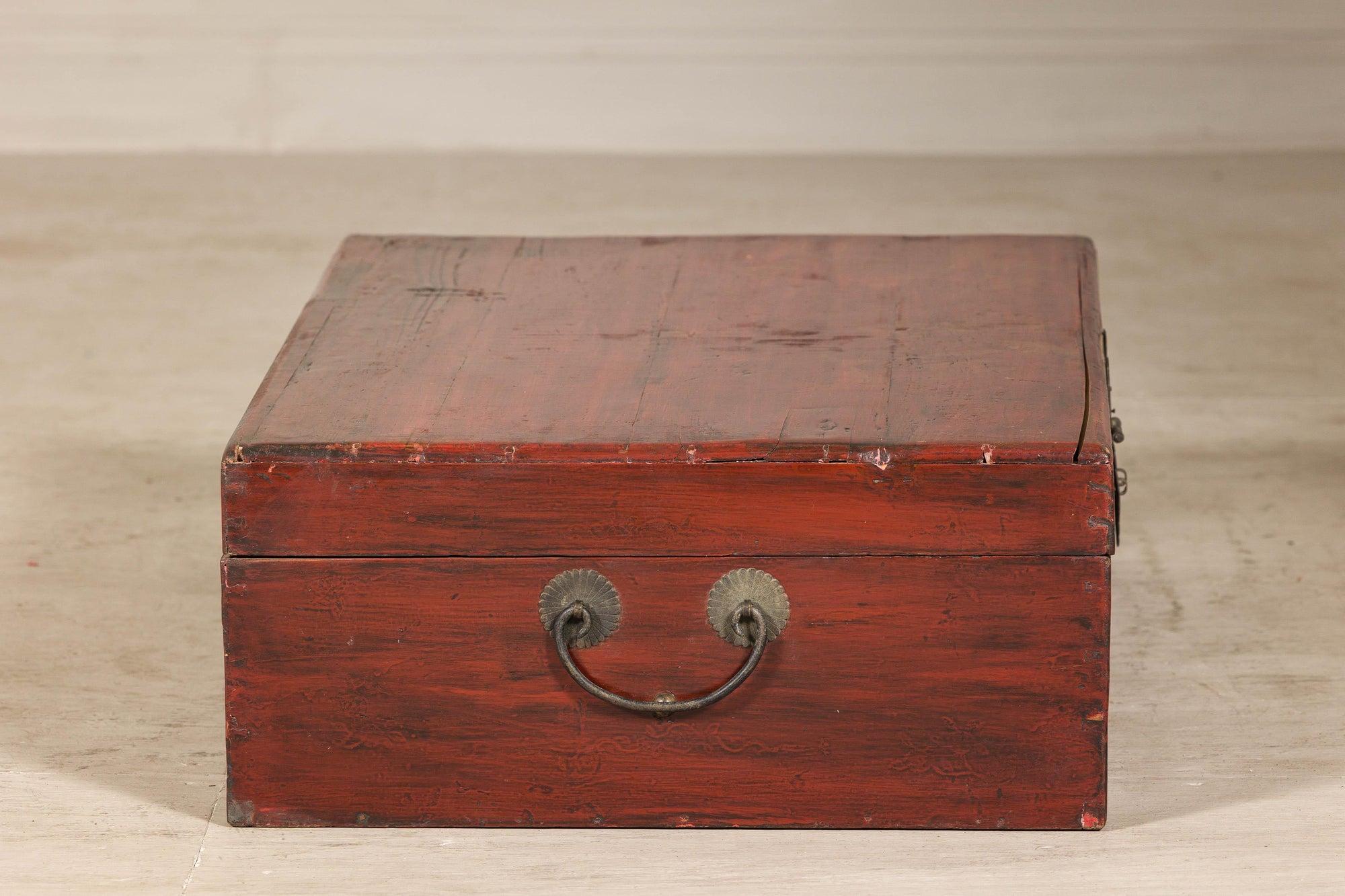 Late Qing Dynasty Red Lacquer Document Box with Gilt Floral Scrolling Motifs
