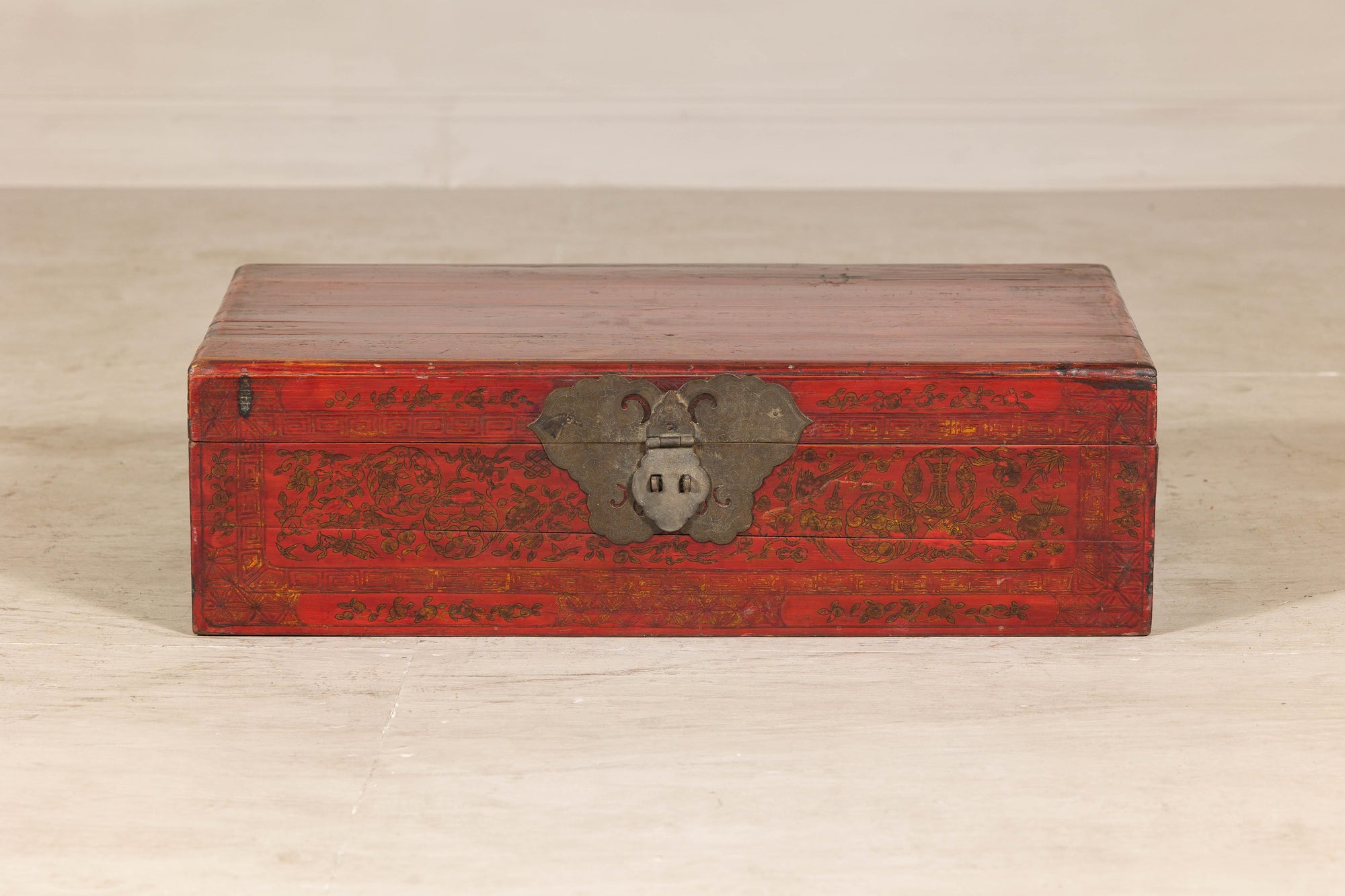 Late Qing Dynasty Red Lacquer Document Box with Gilt Floral Scrolling Motifs