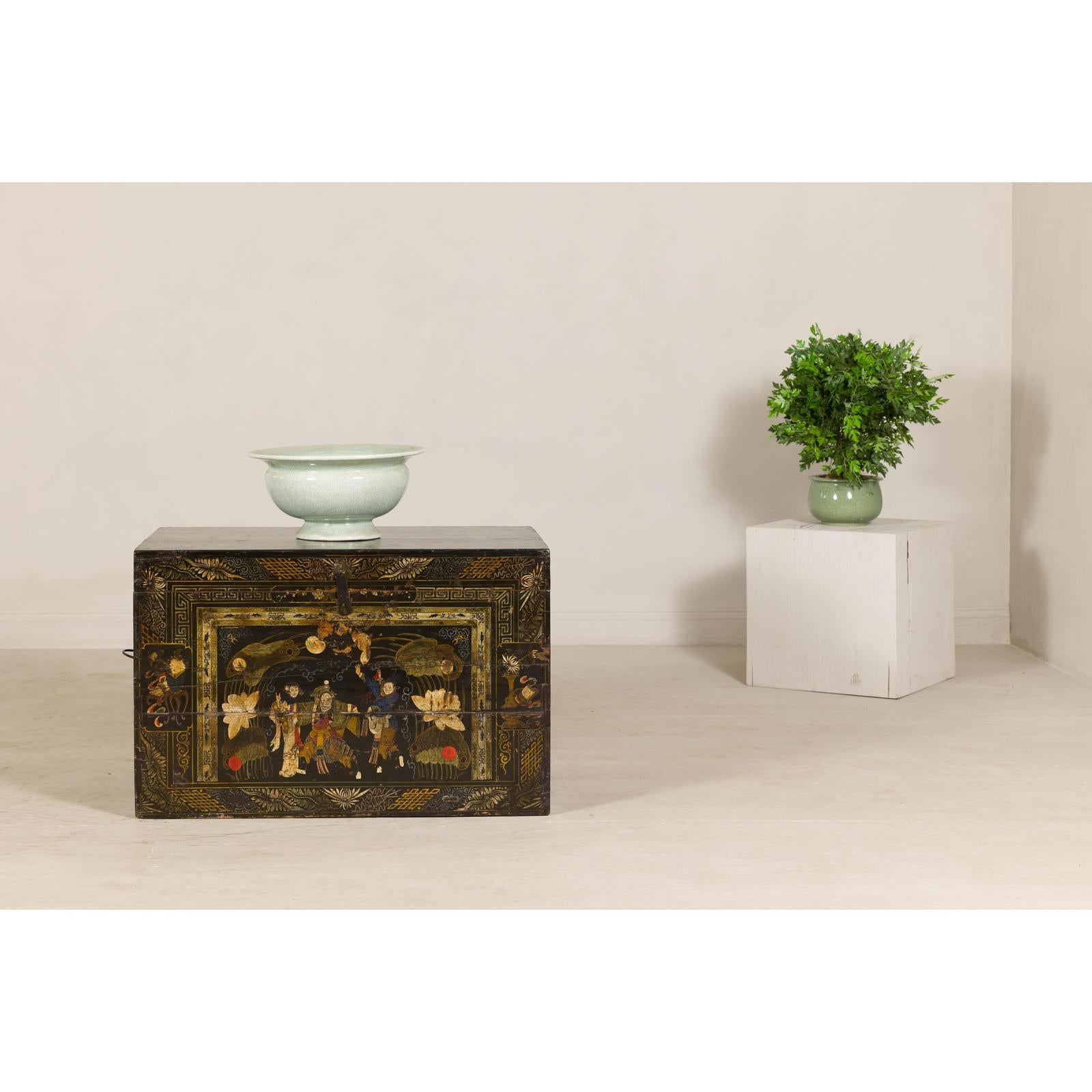 Antique Style Hand-Painted Trunk with Scenic Decor, Early 20th Century