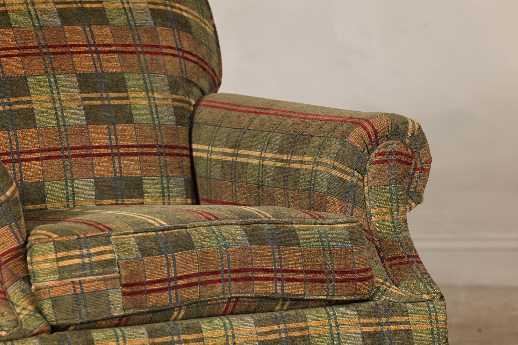 Pair of Kravet Plaid Upholstered Club Chairs with Skirted Base for Cozy Seating