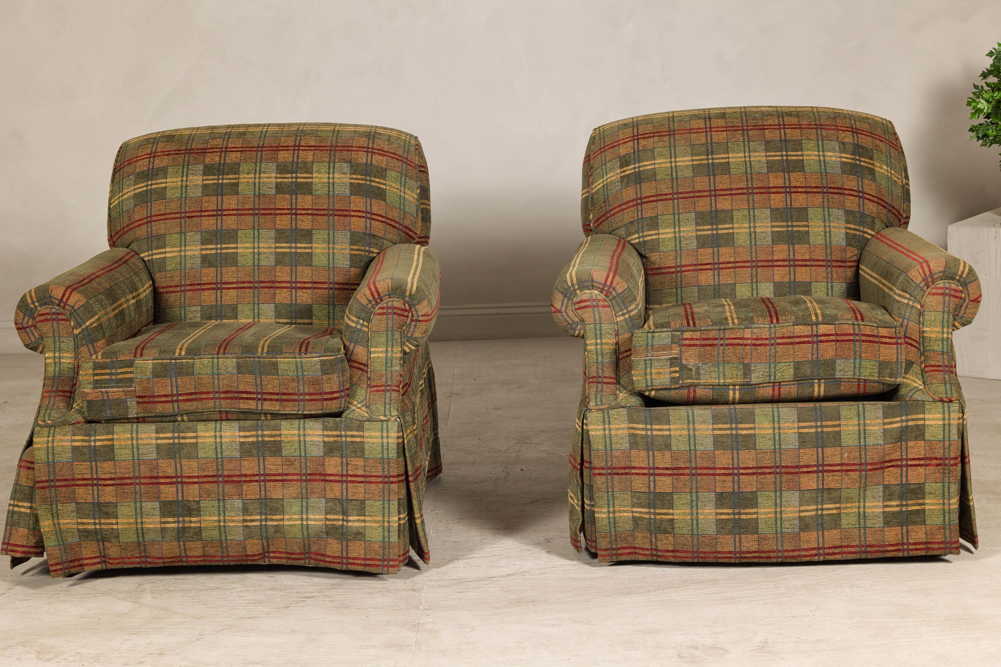 Pair of Kravet Plaid Upholstered Club Chairs with Skirted Base for Cozy Seating