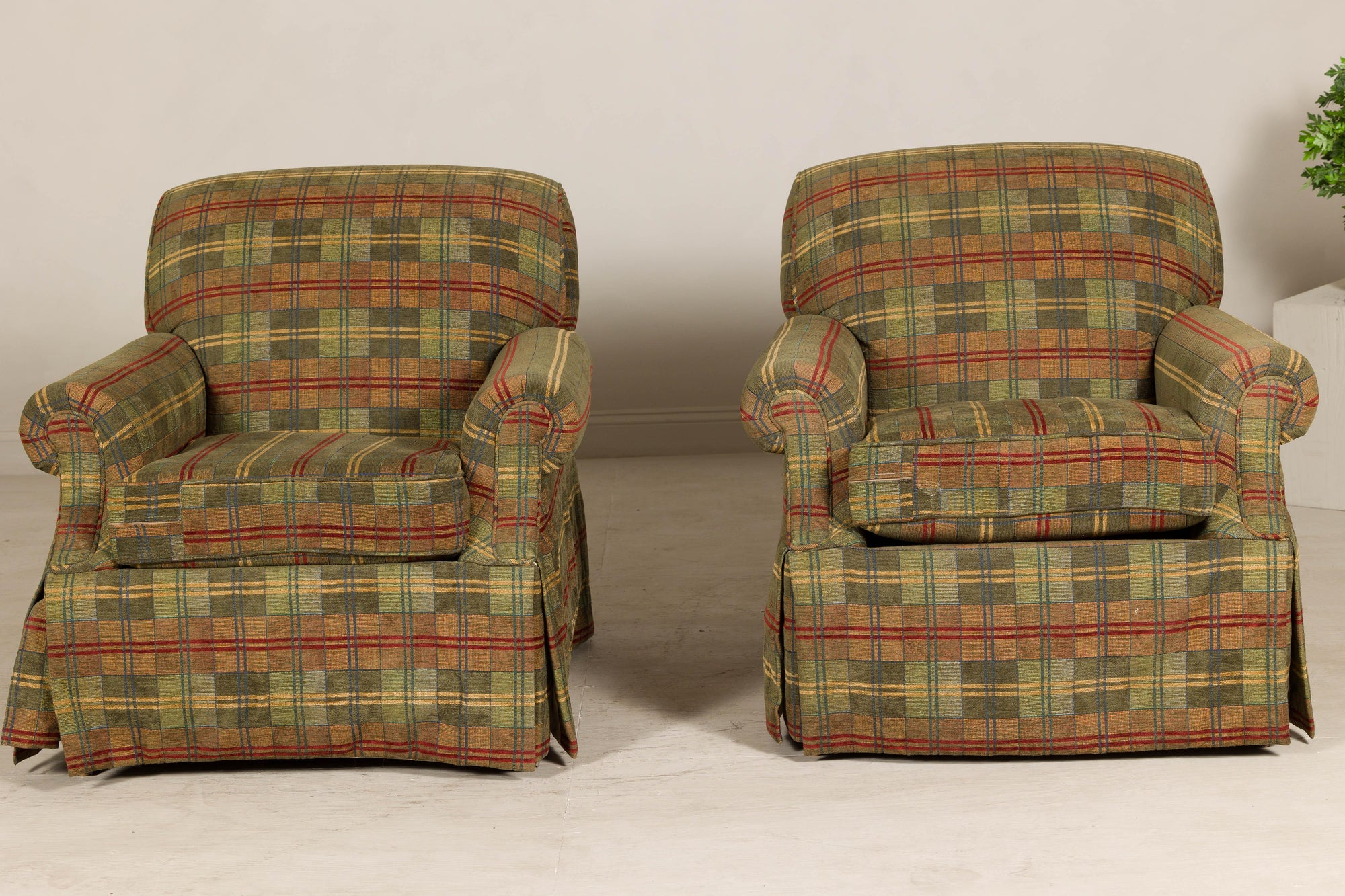 Pair of Kravet Plaid Upholstered Club Chairs with Skirted Base for Cozy Seating