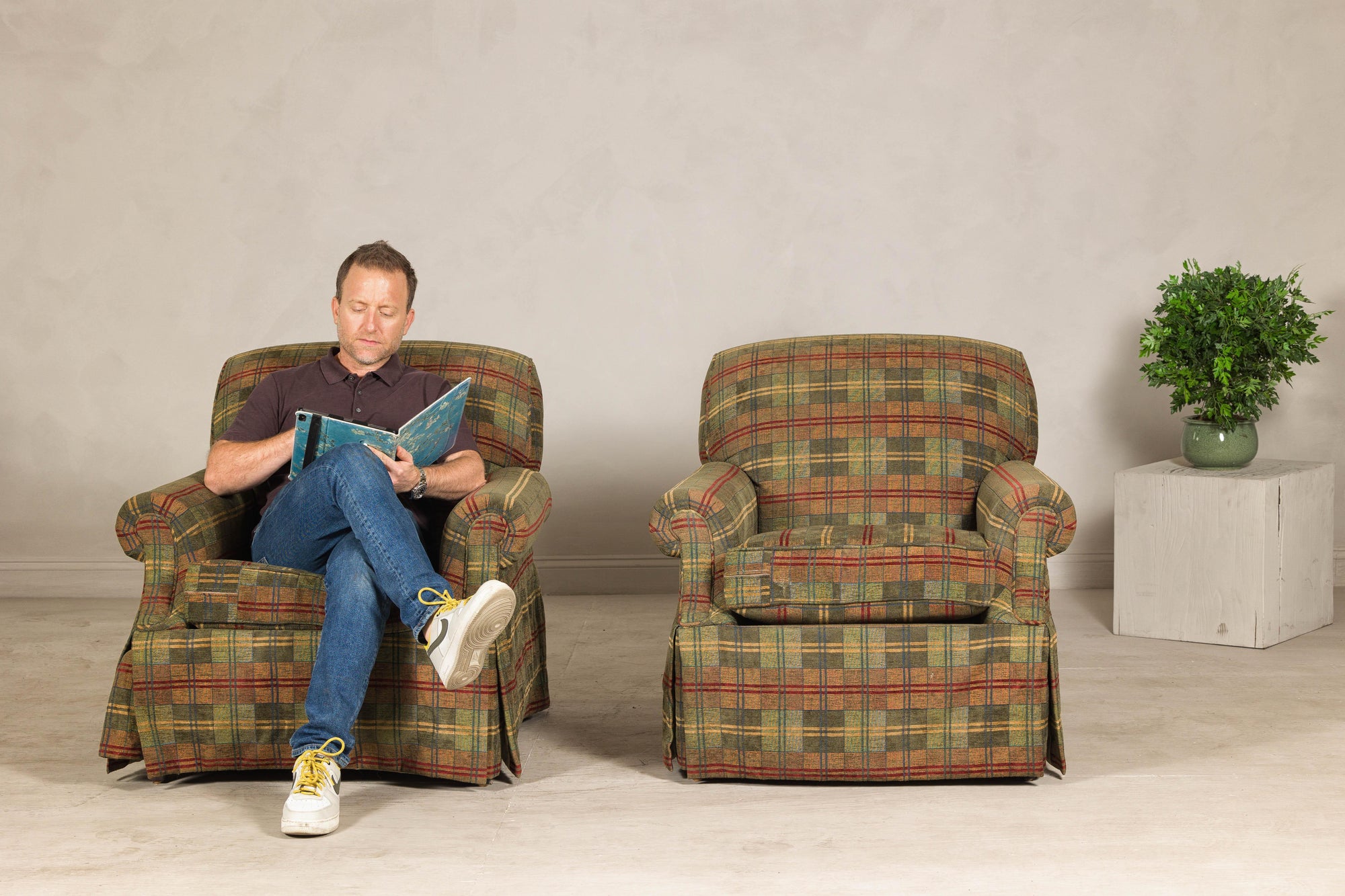 Pair of Kravet Plaid Upholstered Club Chairs with Skirted Base for Cozy Seating