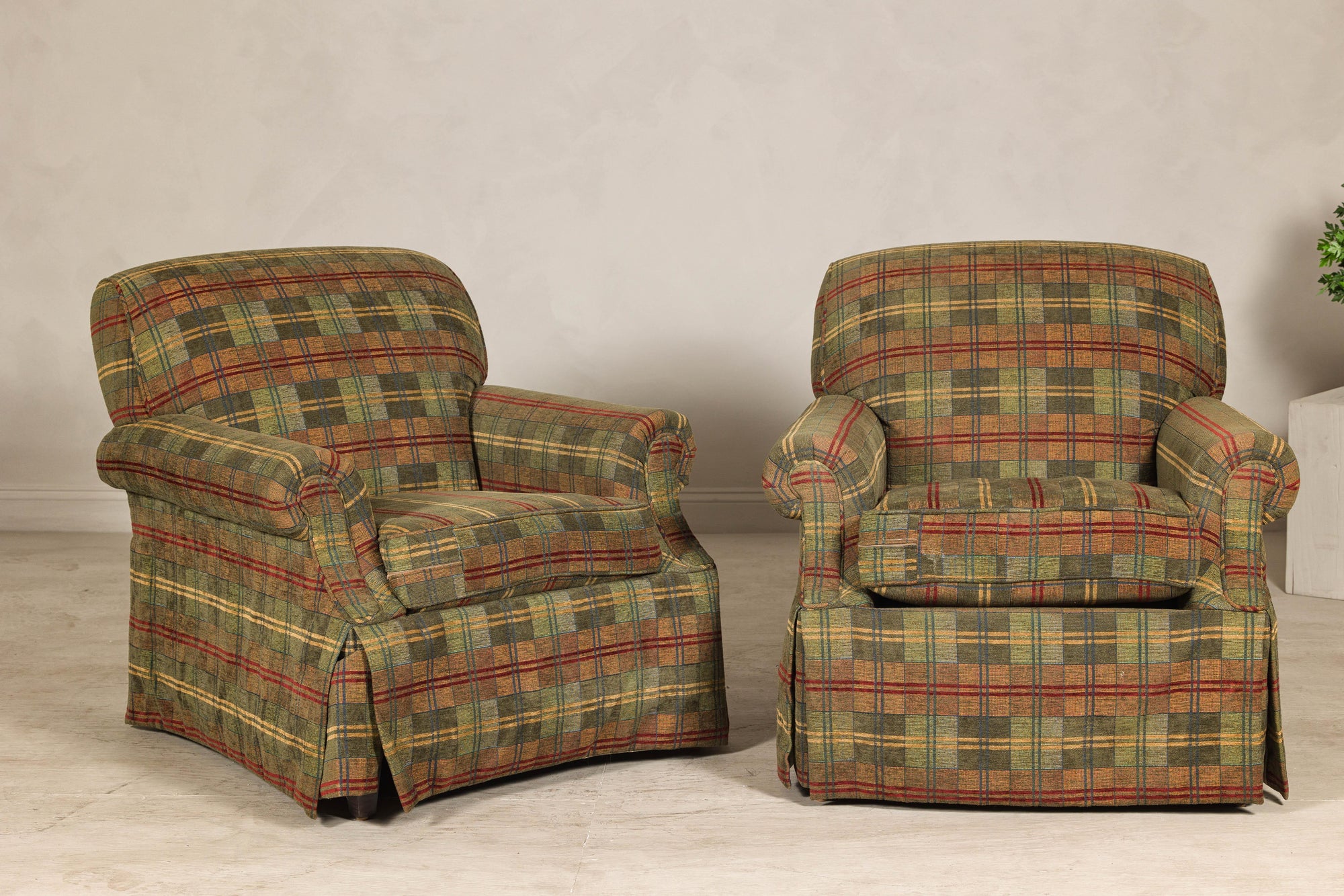 Pair of Kravet Plaid Upholstered Club Chairs with Skirted Base for Cozy Seating