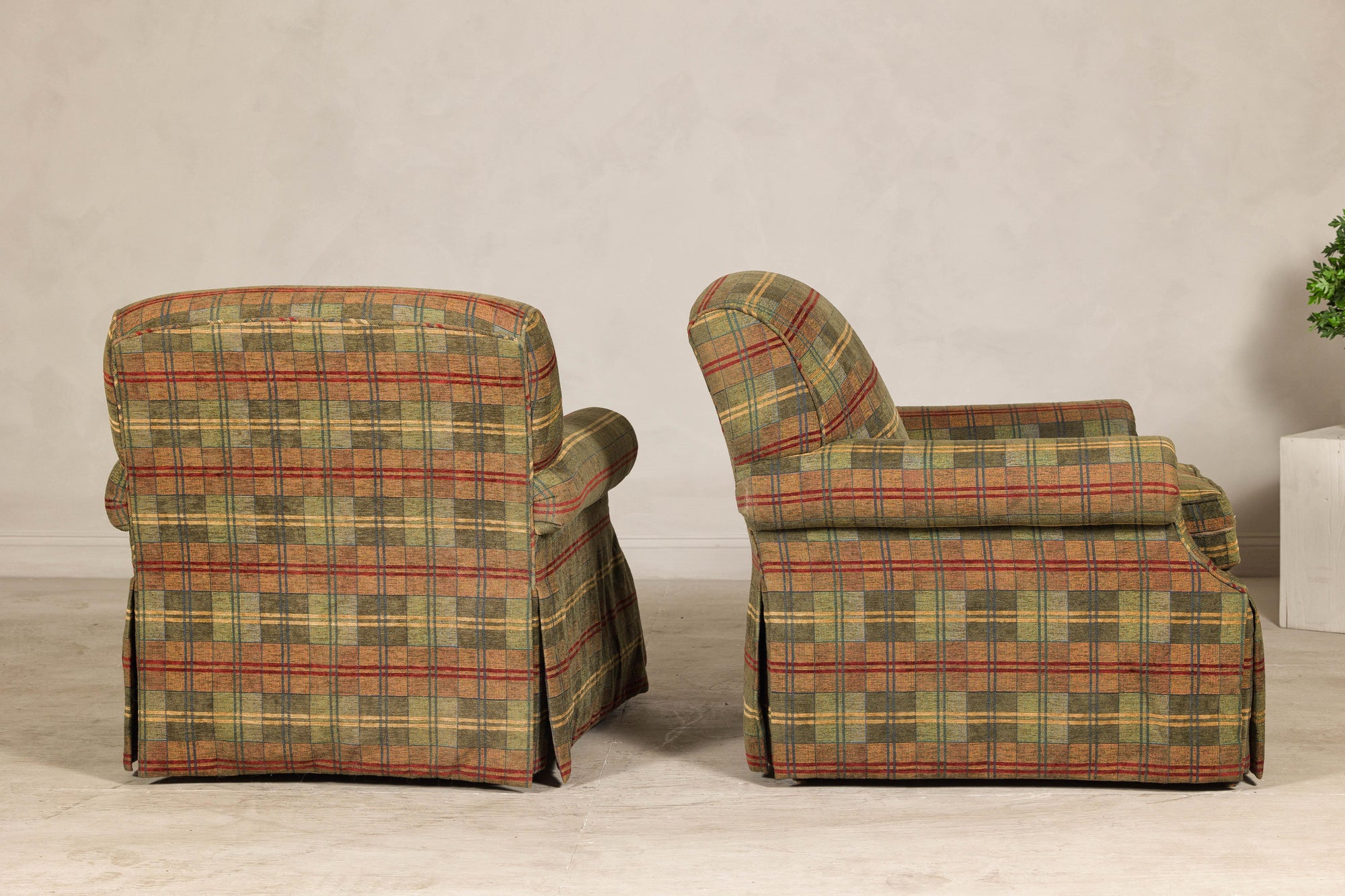 Pair of Kravet Plaid Upholstered Club Chairs with Skirted Base for Cozy Seating