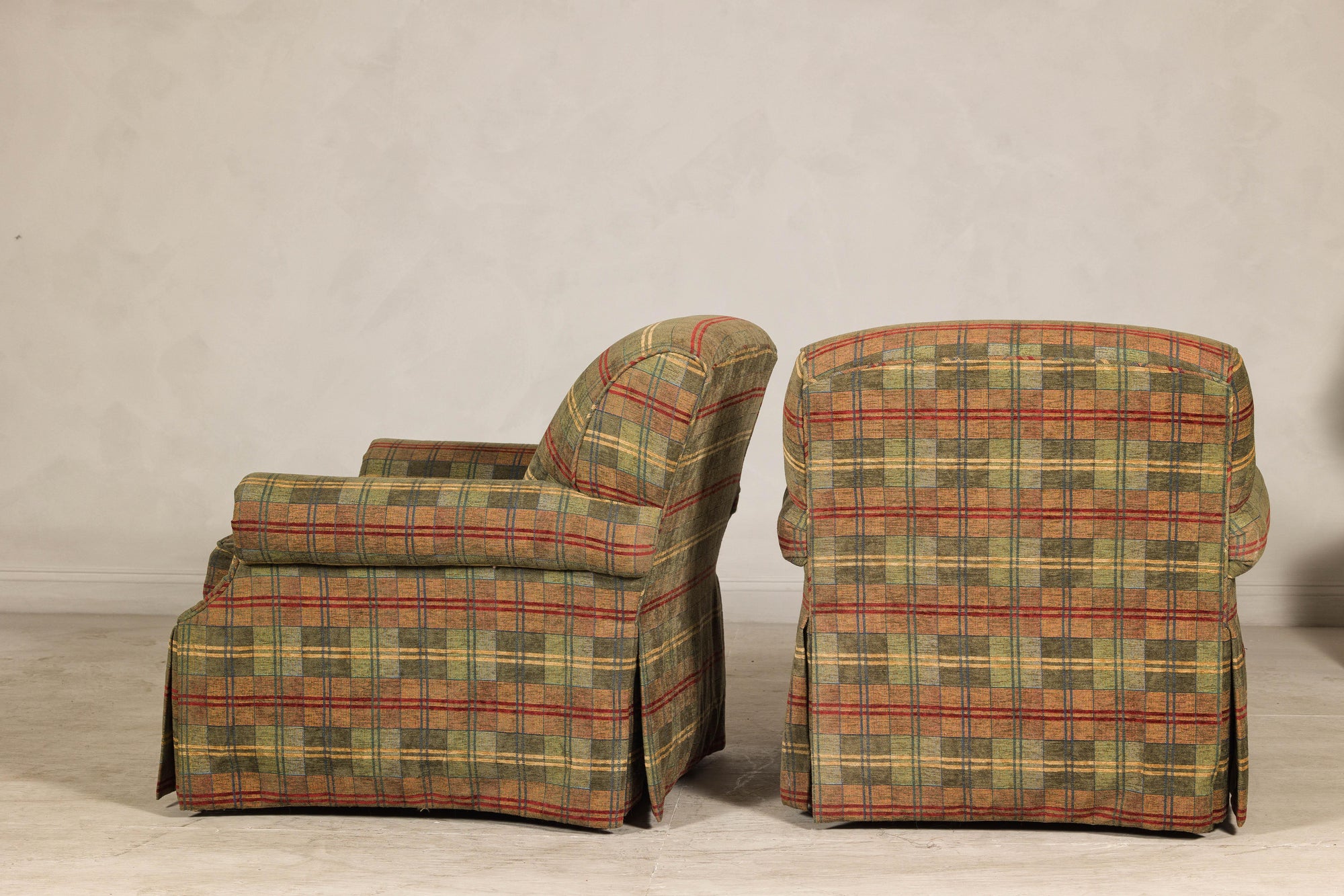 Pair of Kravet Plaid Upholstered Club Chairs with Skirted Base for Cozy Seating