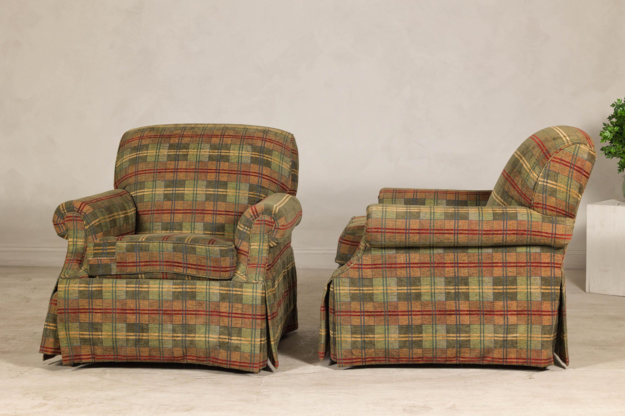 Pair of Kravet Plaid Upholstered Club Chairs with Skirted Base for Cozy Seating
