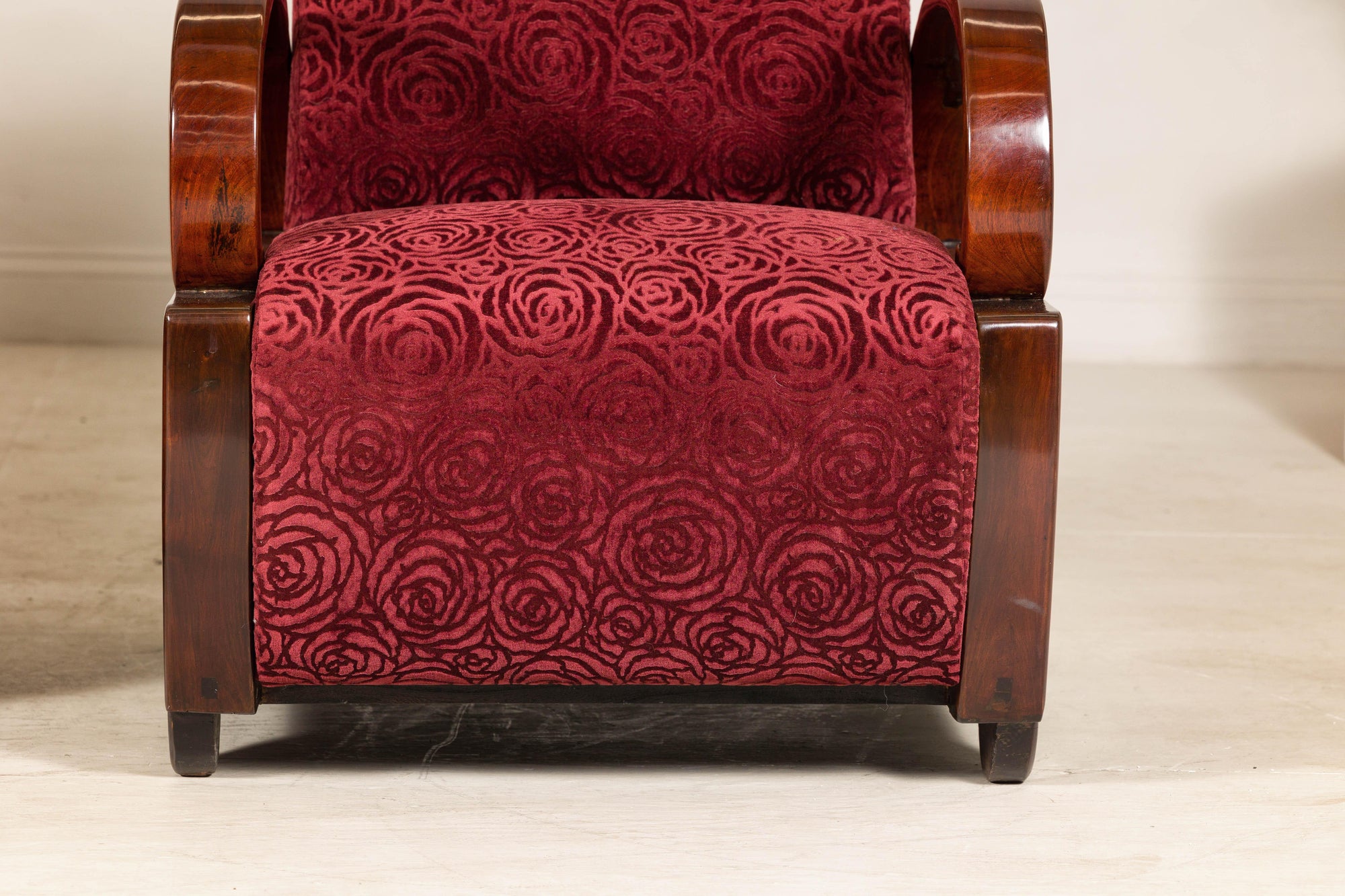 Pair of Vintage Art Deco Club Chairs in Mahogany with Burgundy Rose Upholstery