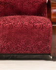 Pair of Vintage Art Deco Club Chairs in Mahogany with Burgundy Rose Upholstery