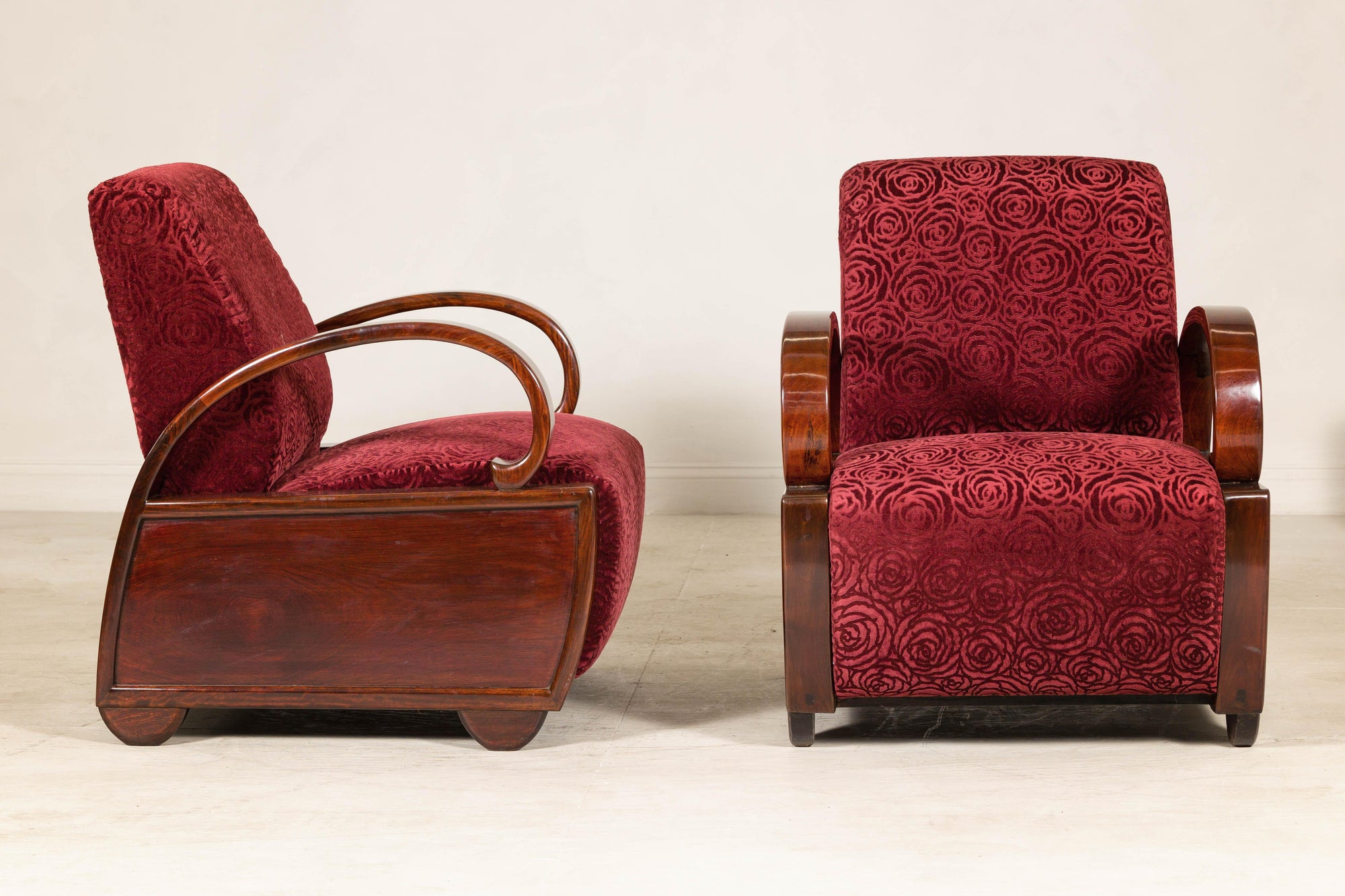 Pair of Vintage Art Deco Club Chairs in Mahogany with Burgundy Rose Upholstery