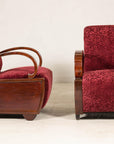 Pair of Vintage Art Deco Club Chairs in Mahogany with Burgundy Rose Upholstery