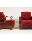 Pair of Vintage Art Deco Club Chairs in Mahogany with Burgundy Rose Upholstery