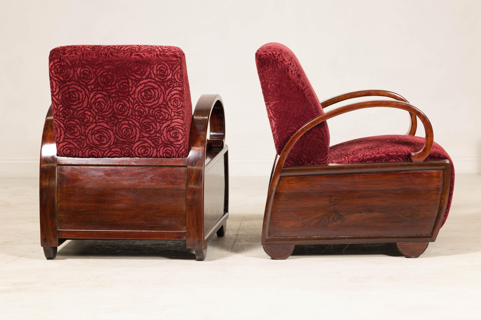 Pair of Vintage Art Deco Club Chairs in Mahogany with Burgundy Rose Upholstery