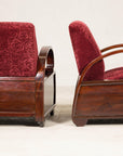 Pair of Vintage Art Deco Club Chairs in Mahogany with Burgundy Rose Upholstery