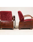 Pair of Vintage Art Deco Club Chairs in Mahogany with Burgundy Rose Upholstery