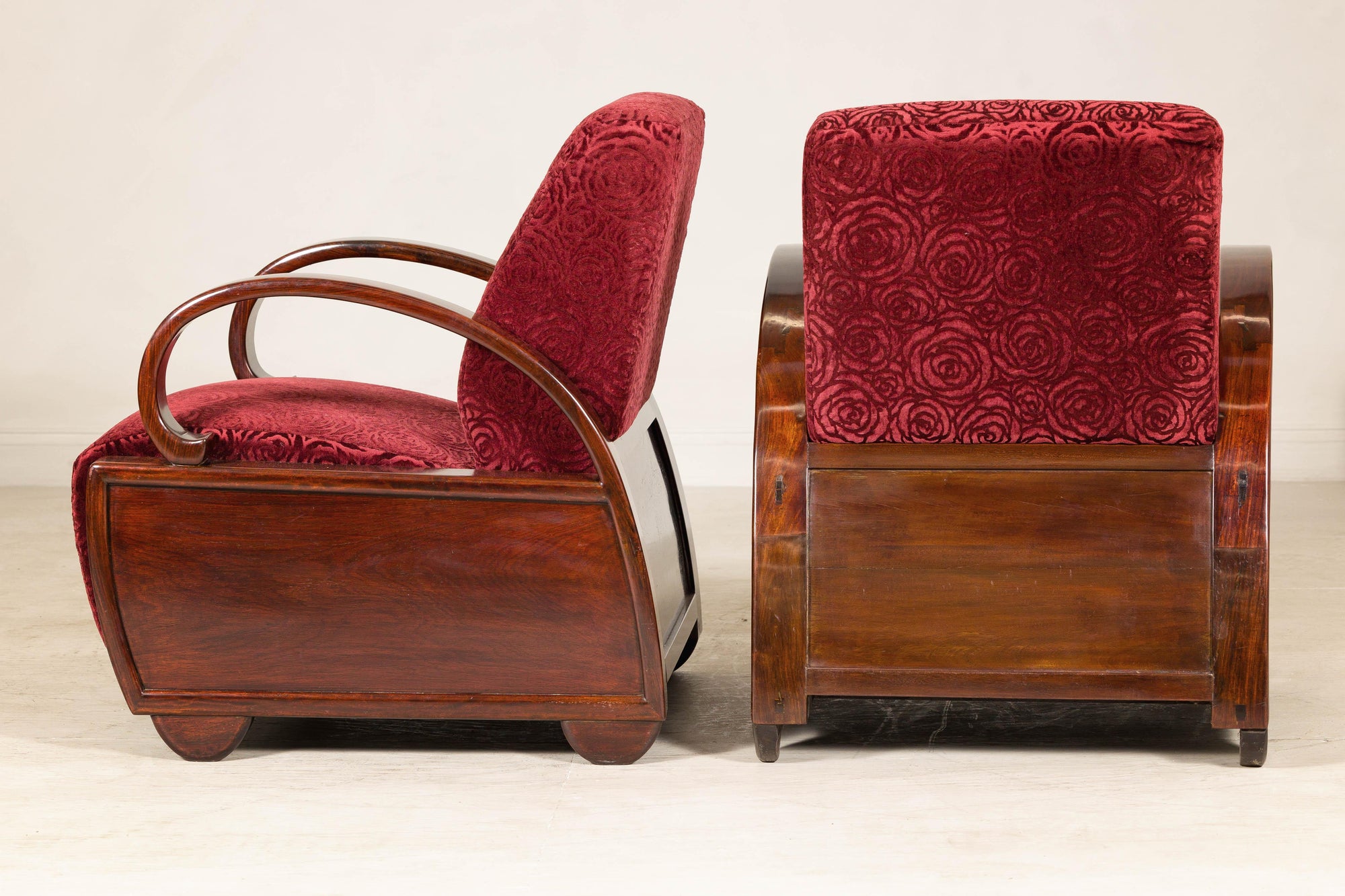 Pair of Vintage Art Deco Club Chairs in Mahogany with Burgundy Rose Upholstery