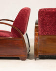 Pair of Vintage Art Deco Club Chairs in Mahogany with Burgundy Rose Upholstery