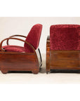 Pair of Vintage Art Deco Club Chairs in Mahogany with Burgundy Rose Upholstery