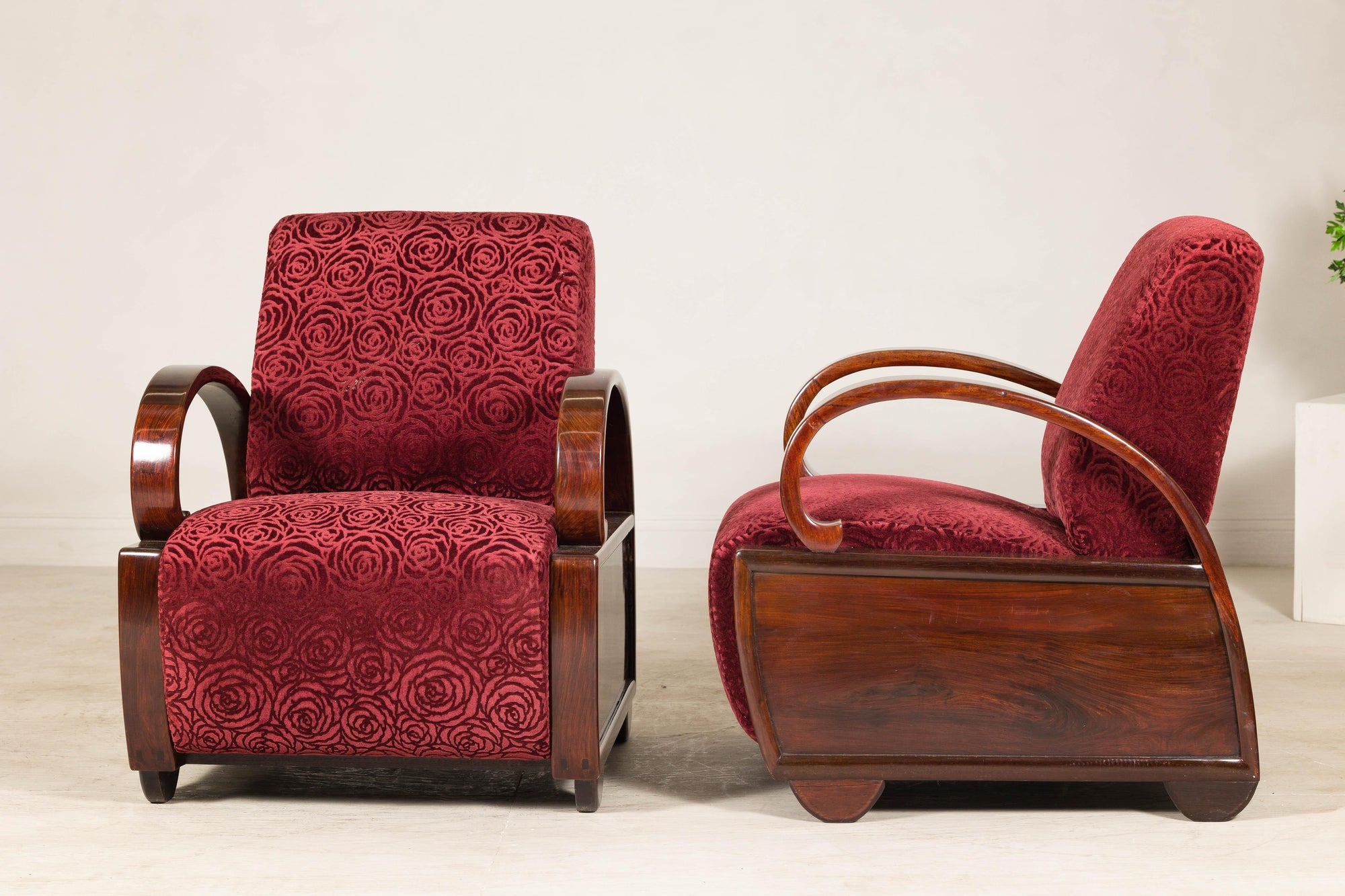Pair of Vintage Art Deco Club Chairs in Mahogany with Burgundy Rose Upholstery