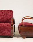 Pair of Vintage Art Deco Club Chairs in Mahogany with Burgundy Rose Upholstery