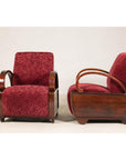 Pair of Vintage Art Deco Club Chairs in Mahogany with Burgundy Rose Upholstery