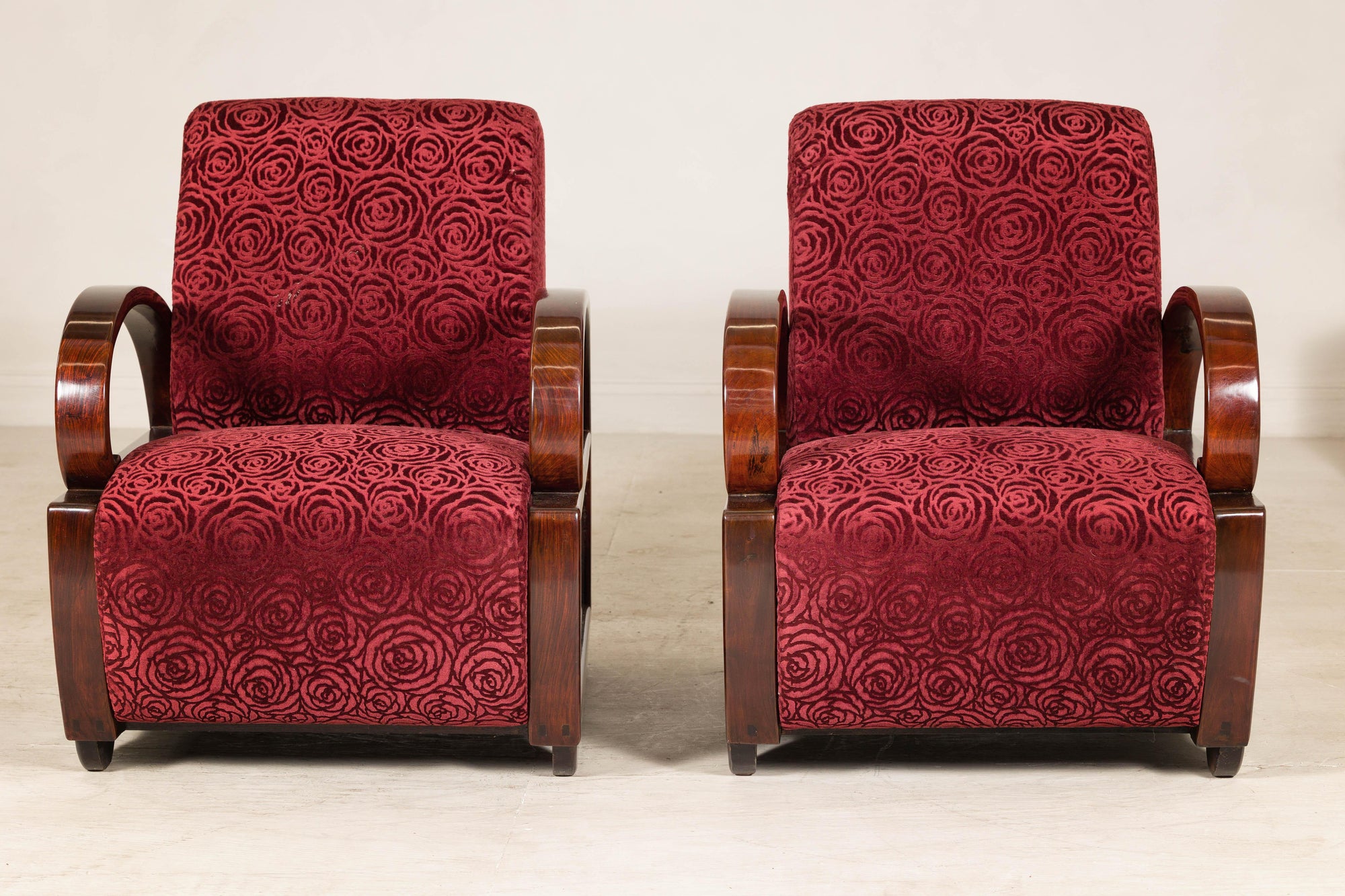 Pair of Vintage Art Deco Club Chairs in Mahogany with Burgundy Rose Upholstery