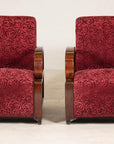 Pair of Vintage Art Deco Club Chairs in Mahogany with Burgundy Rose Upholstery