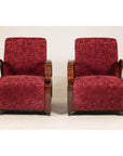 Pair of Vintage Art Deco Club Chairs in Mahogany with Burgundy Rose Upholstery