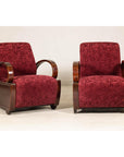 Pair of Vintage Art Deco Club Chairs in Mahogany with Burgundy Rose Upholstery