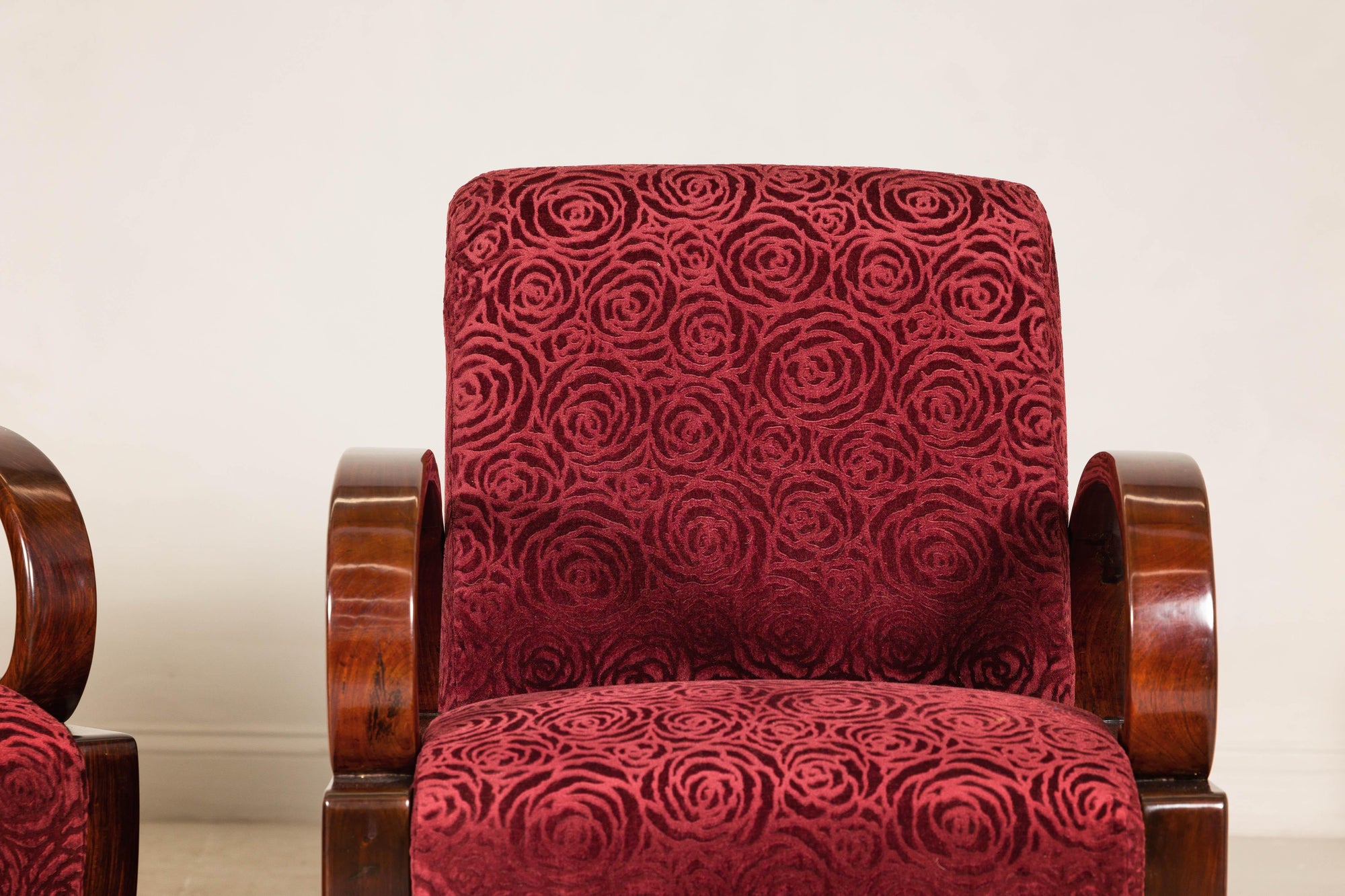 Pair of Vintage Art Deco Club Chairs in Mahogany with Burgundy Rose Upholstery