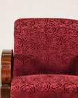 Pair of Vintage Art Deco Club Chairs in Mahogany with Burgundy Rose Upholstery