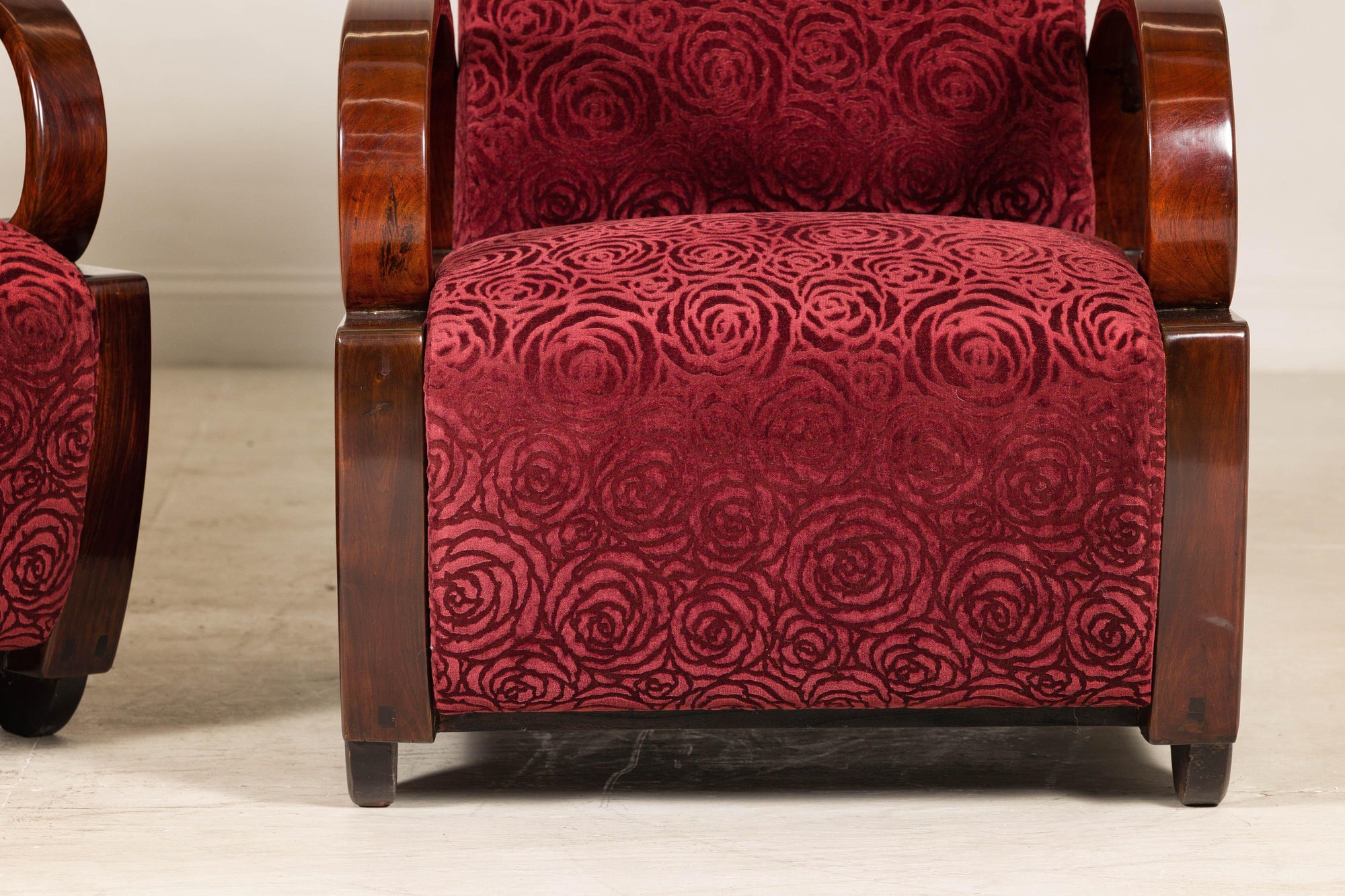 Pair of Vintage Art Deco Club Chairs in Mahogany with Burgundy Rose Upholstery