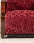 Pair of Vintage Art Deco Club Chairs in Mahogany with Burgundy Rose Upholstery