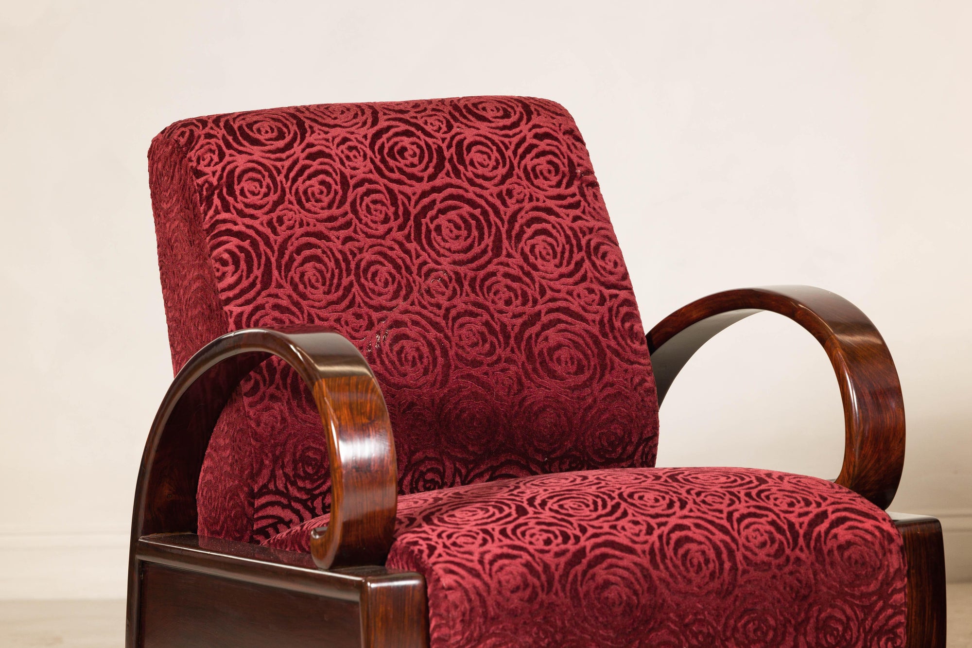 Pair of Vintage Art Deco Club Chairs in Mahogany with Burgundy Rose Upholstery