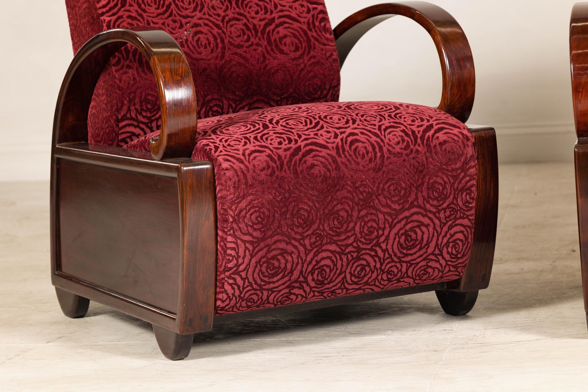 Pair of Vintage Art Deco Club Chairs in Mahogany with Burgundy Rose Upholstery