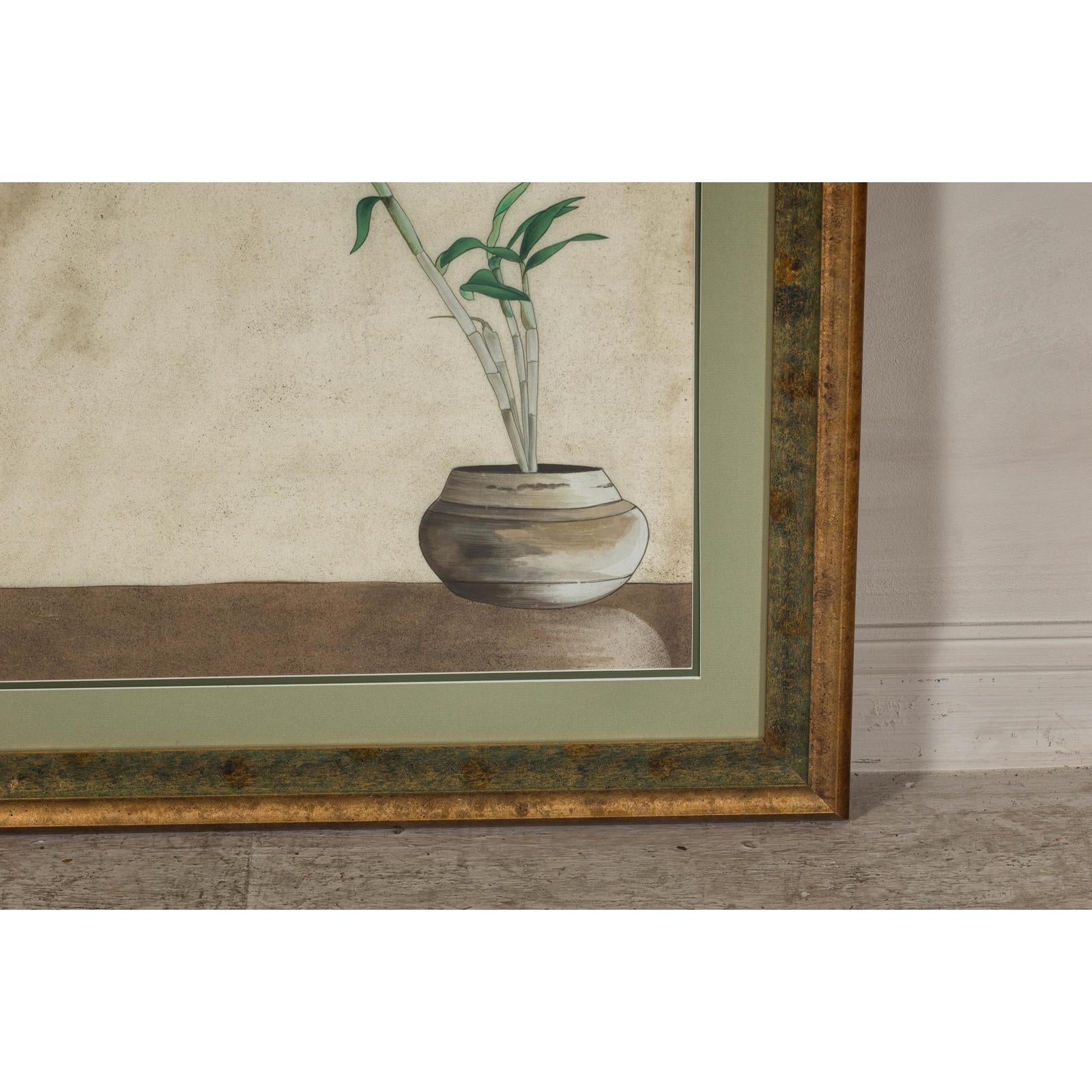 Midcentury Japanese Minimalist Botanical Print in Custom Gold Frame under Glass