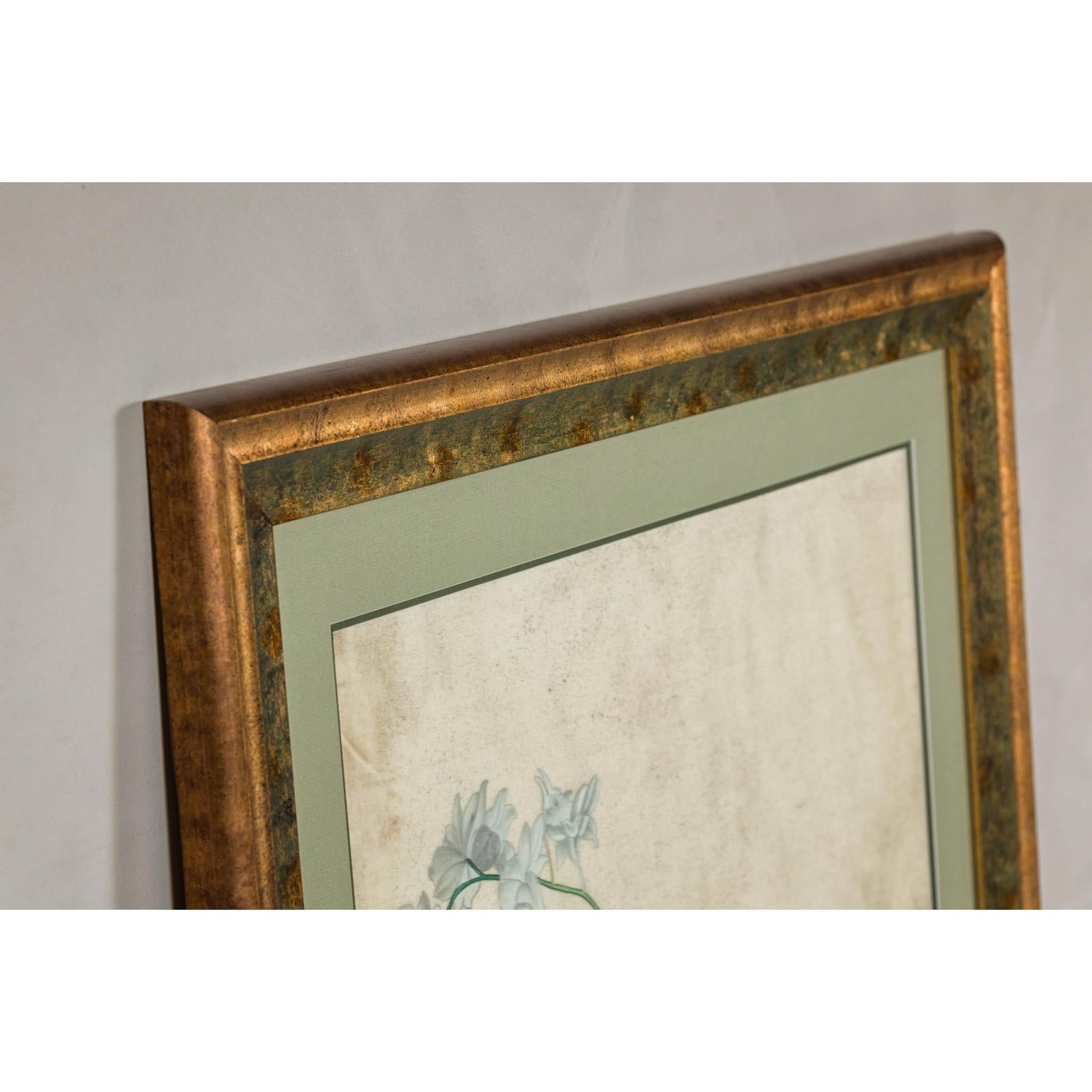 Midcentury Japanese Minimalist Botanical Print in Custom Gold Frame under Glass