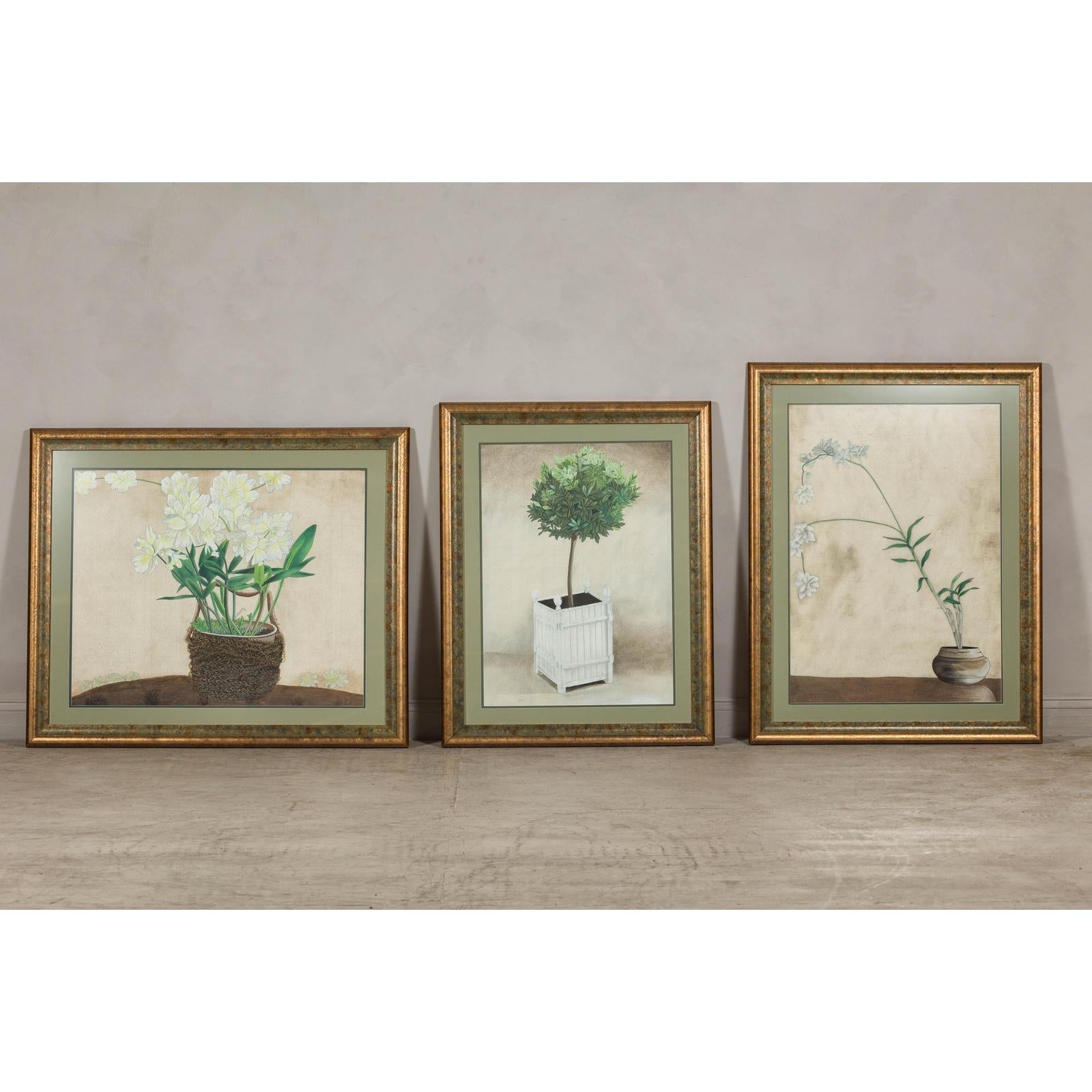 Midcentury Japanese Minimalist Botanical Print in Custom Gold Frame under Glass