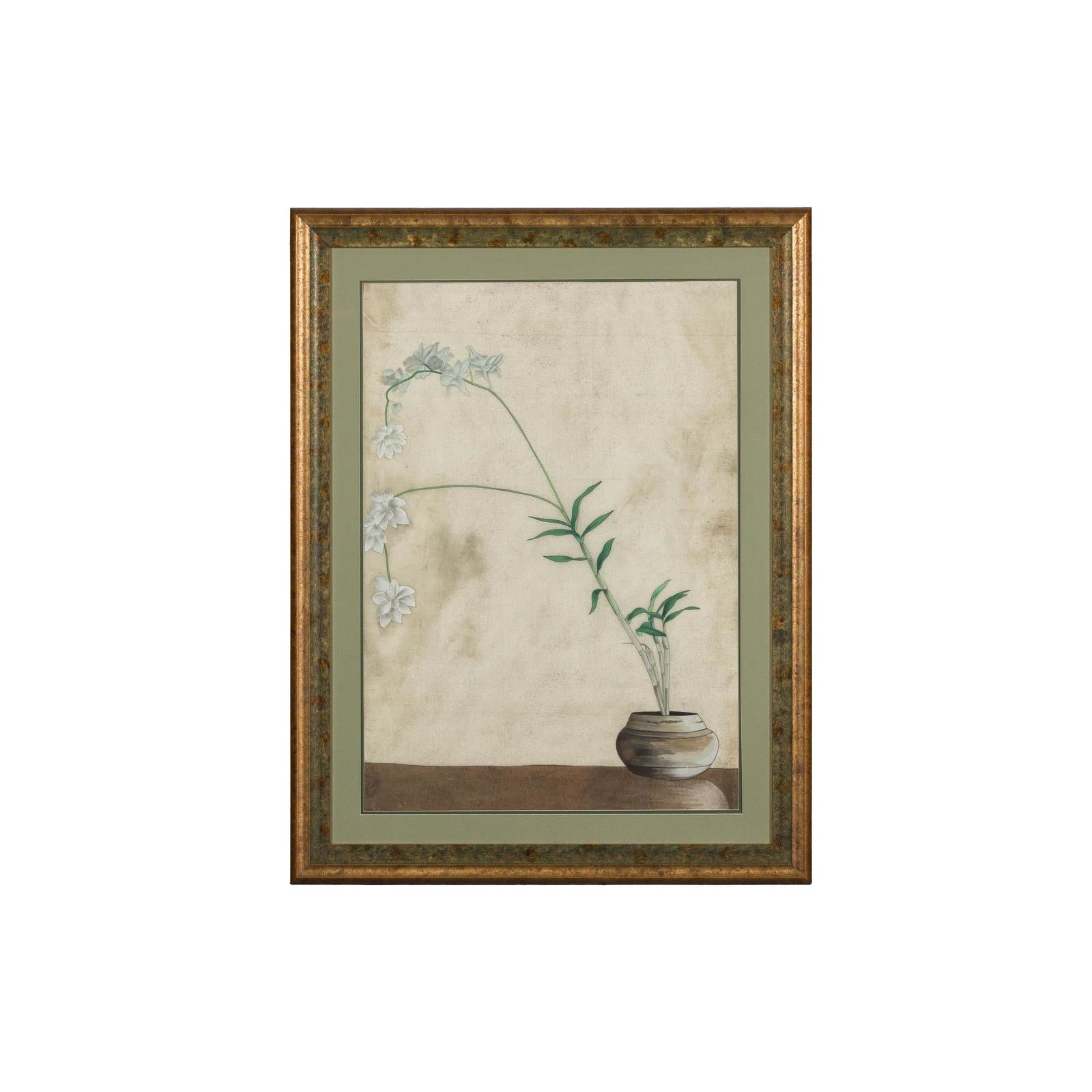 Midcentury Japanese Minimalist Botanical Print in Custom Gold Frame under Glass