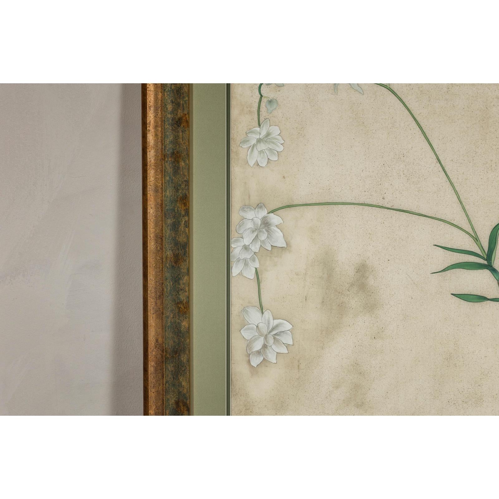 Midcentury Japanese Minimalist Botanical Print in Custom Gold Frame under Glass