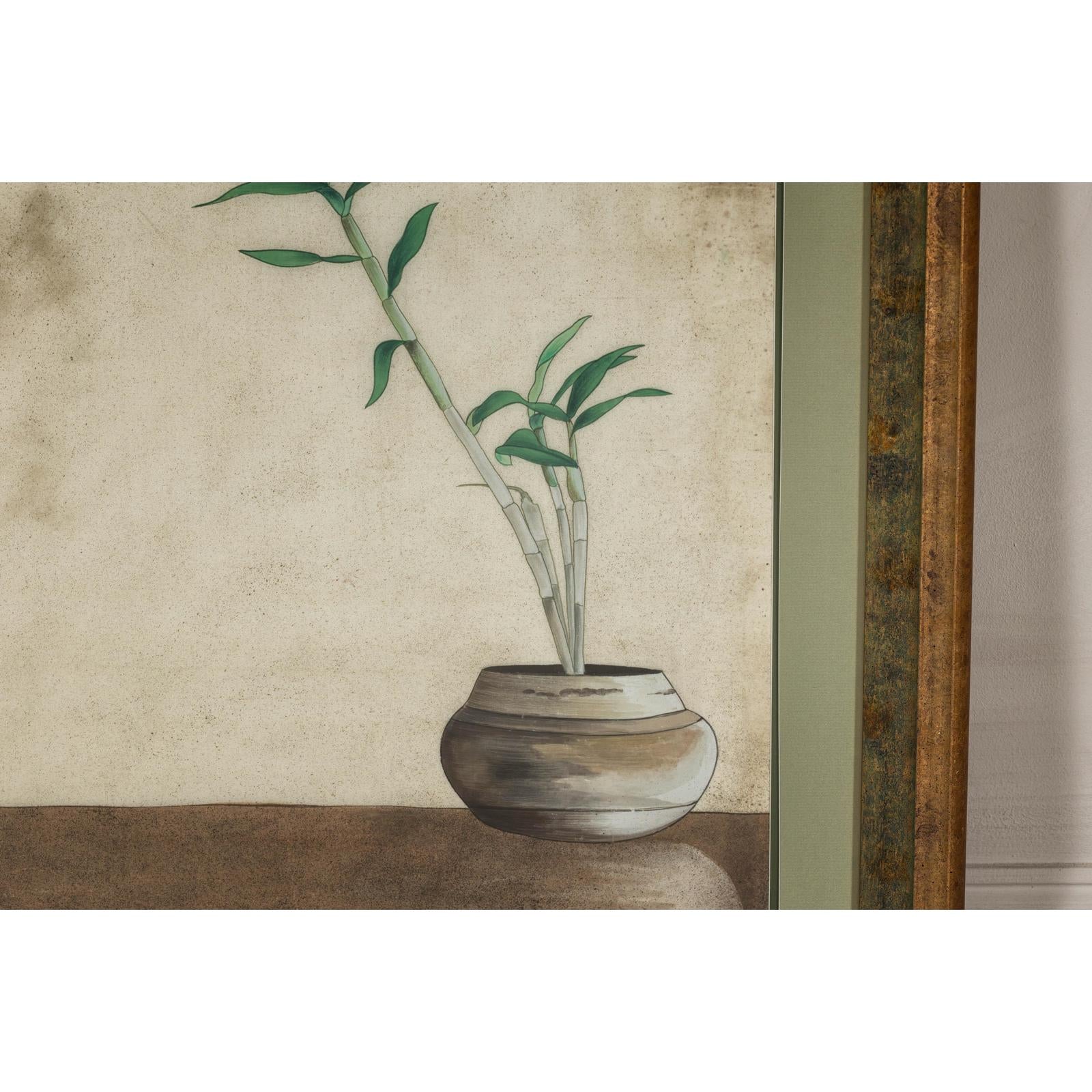 Midcentury Japanese Minimalist Botanical Print in Custom Gold Frame under Glass