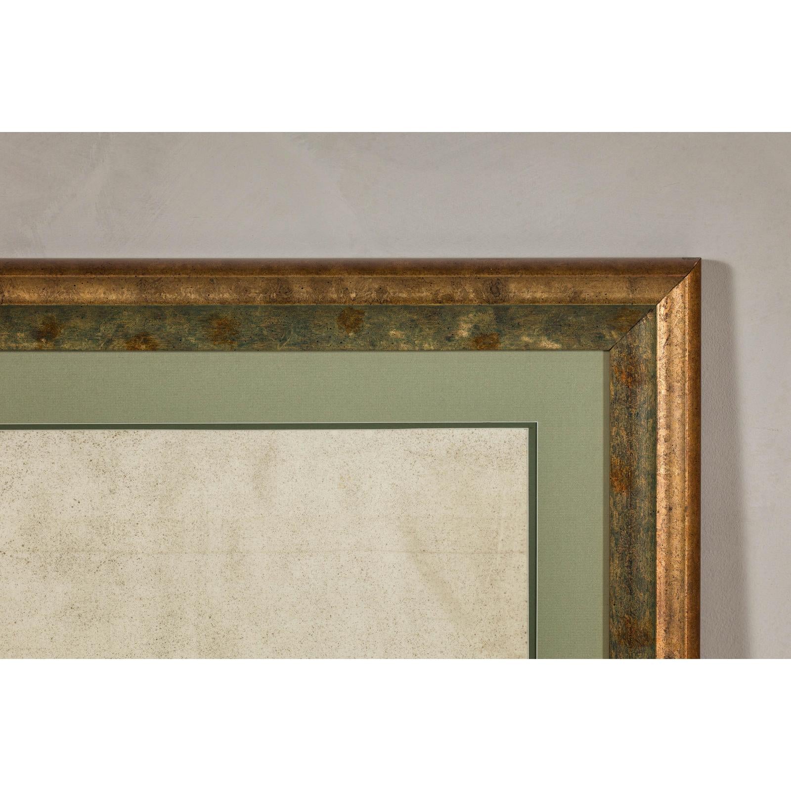 Midcentury Japanese Minimalist Botanical Print in Custom Gold Frame under Glass
